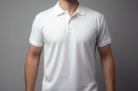 A man wearing white blank viscose blend knit polo shirt t-shirt sleeve midsection. 