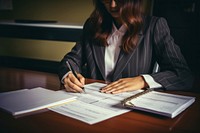 Businesswoman working pen document adult. 