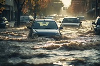 Cars struggle through a flooded street, water rushing around vehicles. Urban flooding causes chaos, with cars submerged, street waterlogged, and traffic halted.