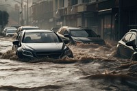 Cars struggle through a flooded street, water rising around vehicles. Flooded road challenges drivers. Vehicles navigate through high water, urban flooding scene.