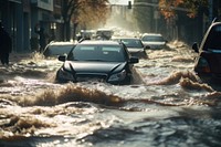 Cars navigate through flooded streets, water rushing around vehicles. Flooded roads create challenges for drivers. Urban flooding impacts traffic and safety.