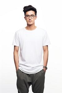 Wearing white t-shirt glasses sleeve adult. 