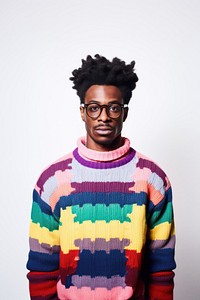 Wearing colorful sweater portrait glasses photo. 