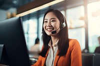 Asian women working computer talking laptop. 