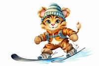 Tiger skiing snow white background representation. 