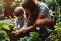 A photo of mother teaching her child how to dig in the backyard garden.  