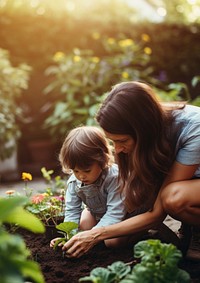 A photo of mother teaching her child how to dig in the backyard garden.  