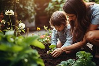 A photo of mother teaching her child how to dig in the backyard garden.  