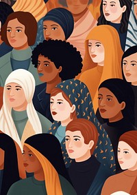 Illustration of diverse women in colorful attire. Women of various ethnicities, wearing headscarves and different hairstyles, in a vibrant, multicultural scene.