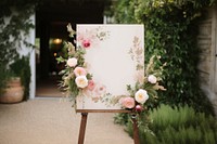 Wedding welcome sign flower plant text. 