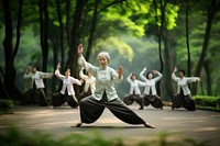 Senior Asian women doing Tai Chi exercise. 