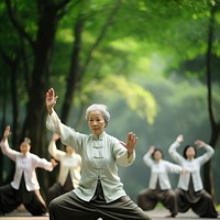 Senior Asian women doing Tai Chi exercise. 