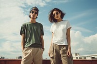 Asian man and woman rooftop fashion photo. 