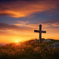 Christian cross landscape outdoors sunrise. 