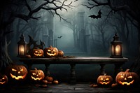 Halloween background pumpkin candle table. 