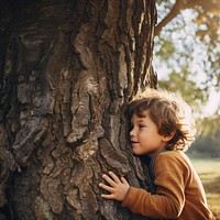 Little boy hugging a tree. 