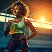 Woman holding water bottle. 