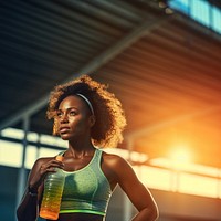 Woman holding water bottle. 