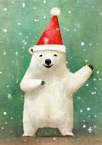 Happy polar bear celebrating Christmas wearing Santa hat animal christmas snowman. 