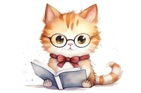 Cat read a book publication reading glasses. 