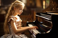 Young blond asian girl playing piano keyboard musician pianist. 