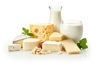 Assorted cheeses and milk with fresh herbs. Cheese variety includes soft and hard types. Milk and cheese create a dairy assortment with herbs.