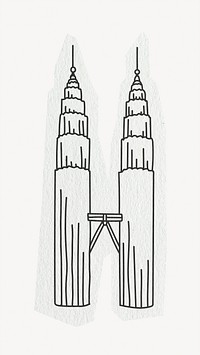 Petronas Twin Towers, famous location in Malaysia, line art collage element 