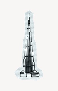 Burj Khalifa skyscraper, famous Dubai location, line art collage element