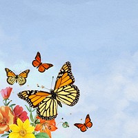 Blue sky background, colorful butterfly border