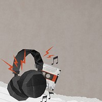 Headphones cassette tape background, ripped paper border