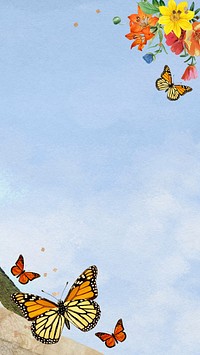 Blue sky iPhone wallpaper, colorful butterfly border