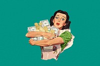 Vintage woman holding money, finance collage illustration