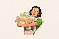 Vintage woman holding money, finance collage illustration