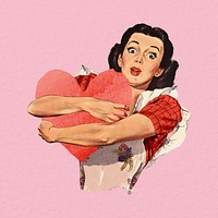 Vintage woman holding heart, Valentine's Day collage remix