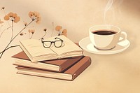 Books and coffee, hobby, aesthetic illustration remix