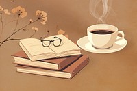 Books and coffee, hobby, aesthetic illustration remix