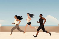 Diverse people jogging, aesthetic illustration remix