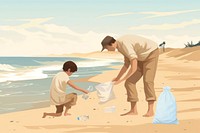 Beach cleanup volunteers, aesthetic illustration remix