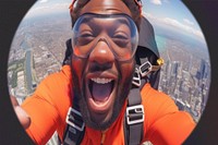 Man skydiving with fisheye effect