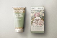 Skincare tube mockup, Alphonse Mucha's famous artwork psd. Remixed by rawpixel.