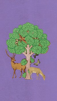 Stag deer and tree iPhone wallpaper, vintage animal illustration. Remixed by rawpixel.