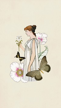 Woman holding flower iPhone wallpaper, vintage art nouveau illustration. Remixed by rawpixel.