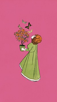 Girl holding flower pot iPhone wallpaper, Josef Rudolf Witzel's vintage illustration. Remixed by rawpixel.