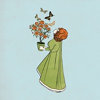 Girl holding flower pot, Josef Rudolf Witzel's vintage illustration. Remixed by rawpixel.