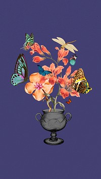 Flower and butterfly iPhone wallpaper, vintage botanical illustration. Remixed by rawpixel.