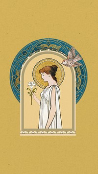 Woman holding flower iPhone wallpaper, vintage art nouveau illustration. Remixed by rawpixel.