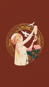 Woman and bird iPhone wallpaper, vintage illustration by Absinthe Robette. Remixed by rawpixel.