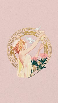 Woman and bird iPhone wallpaper, vintage illustration by Absinthe Robette. Remixed by rawpixel.