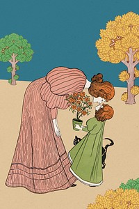 Mother and daughter, Josef Rudolf Witzel's art nouveau illustration. Remixed by rawpixel.