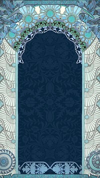 Floral art nouveau frame iPhone wallpaper, blue vintage botanical illustration. Remixed by rawpixel.